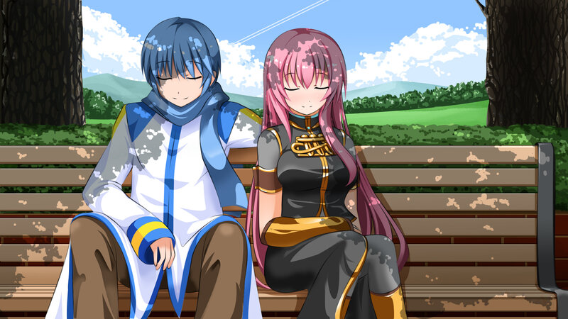 Two anime characters on a bench