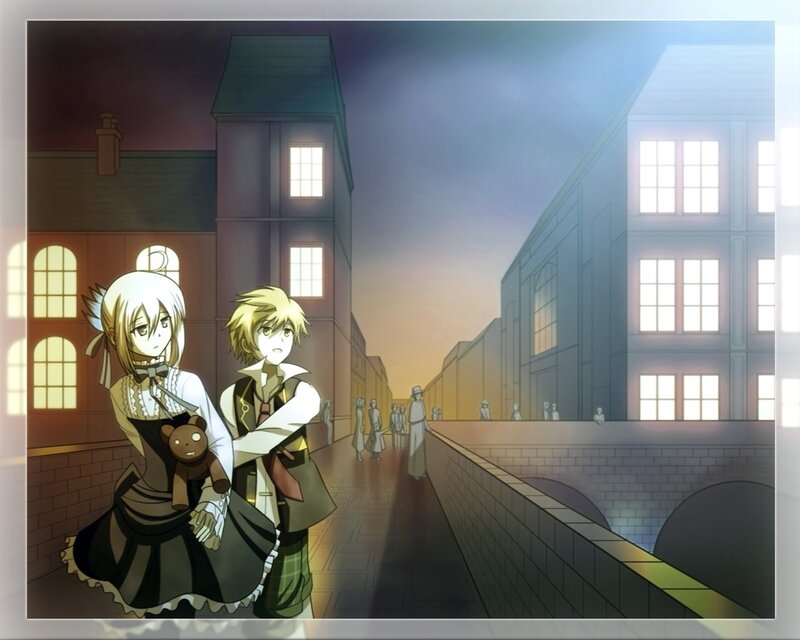 Two anime characters on a bridge