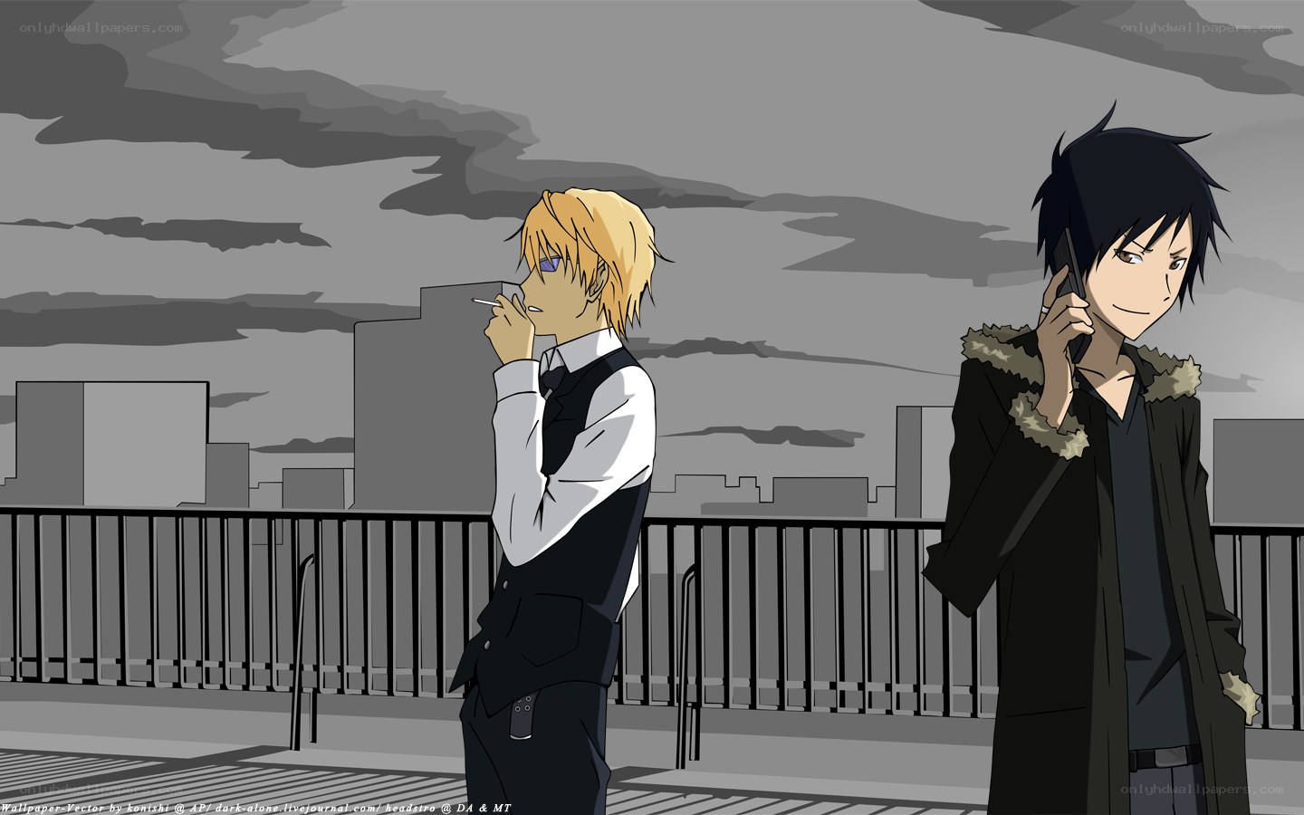 Two anime characters on a bridge