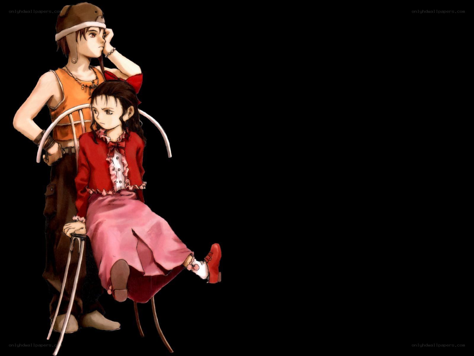 Two anime characters on a chair