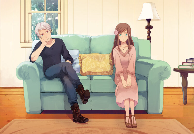 Two anime characters on a couch