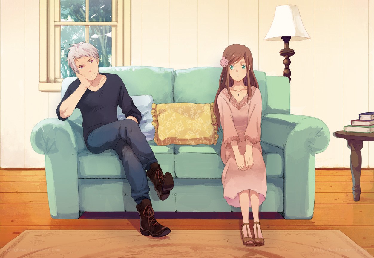 Two anime characters on a couch