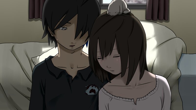 Two anime characters on a couch