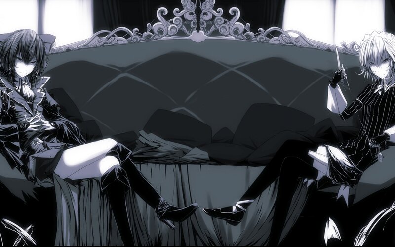 Two Anime Characters on a Couch — Black, Dramatic, Swords
