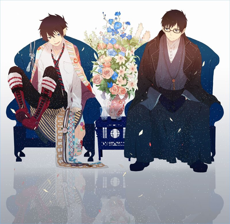 Two anime characters on a sofa