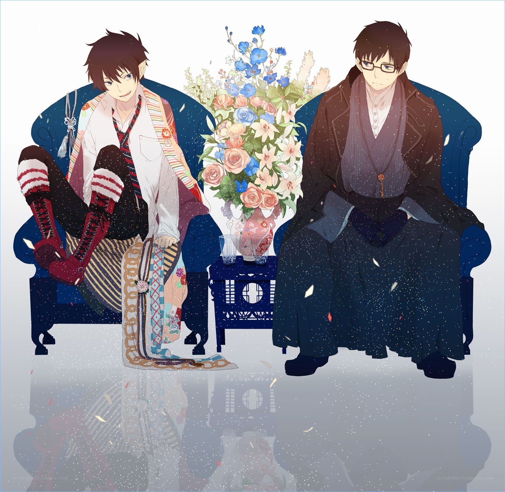 Two anime characters on a sofa