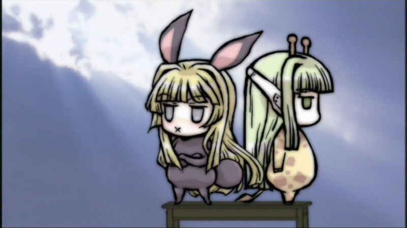 two anime characters on a table