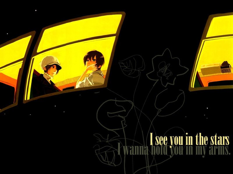 two anime characters on a train
