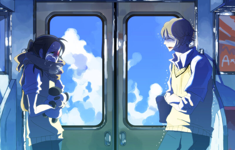 Two anime characters on a train
