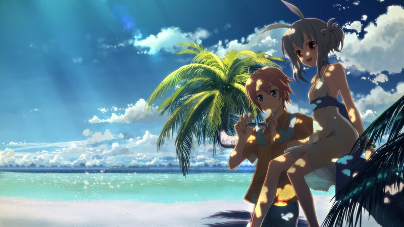 Two Anime Characters on Beach — Blue, Serene, Afternoon