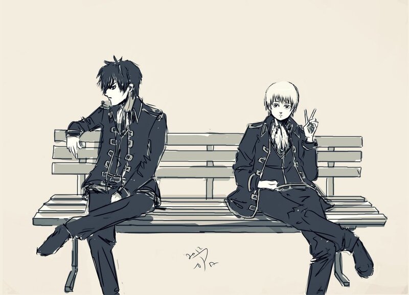 Two Anime Characters on Bench — Black