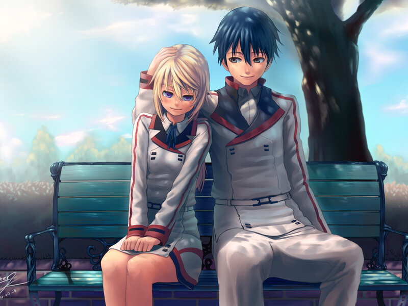 Two Anime Characters on Bench — Blue, Serene