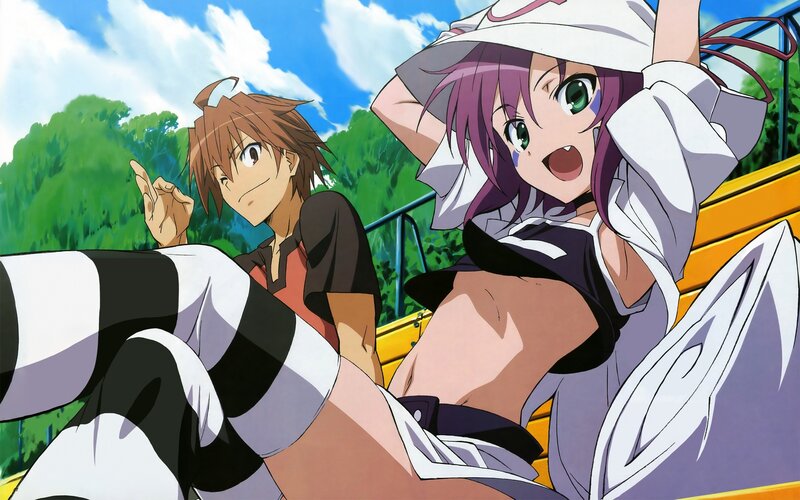Two Anime Characters on Bench — Green, Cheerful