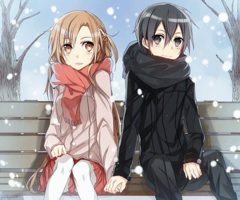 Two Anime Characters on Bench — White