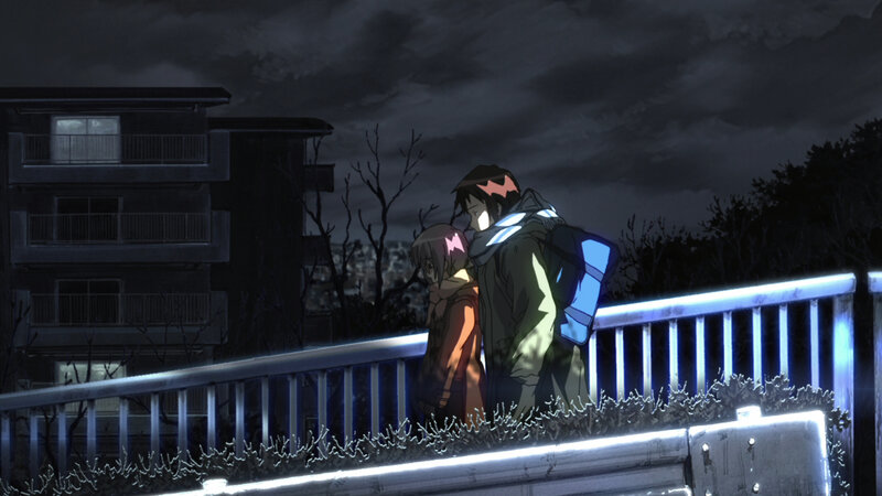 Two Anime Characters on Bridge — Black, Dramatic