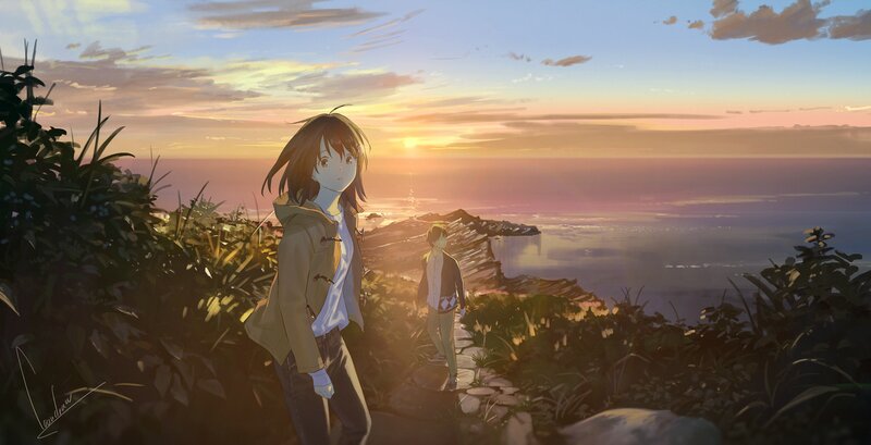Two Anime Characters on Cliff