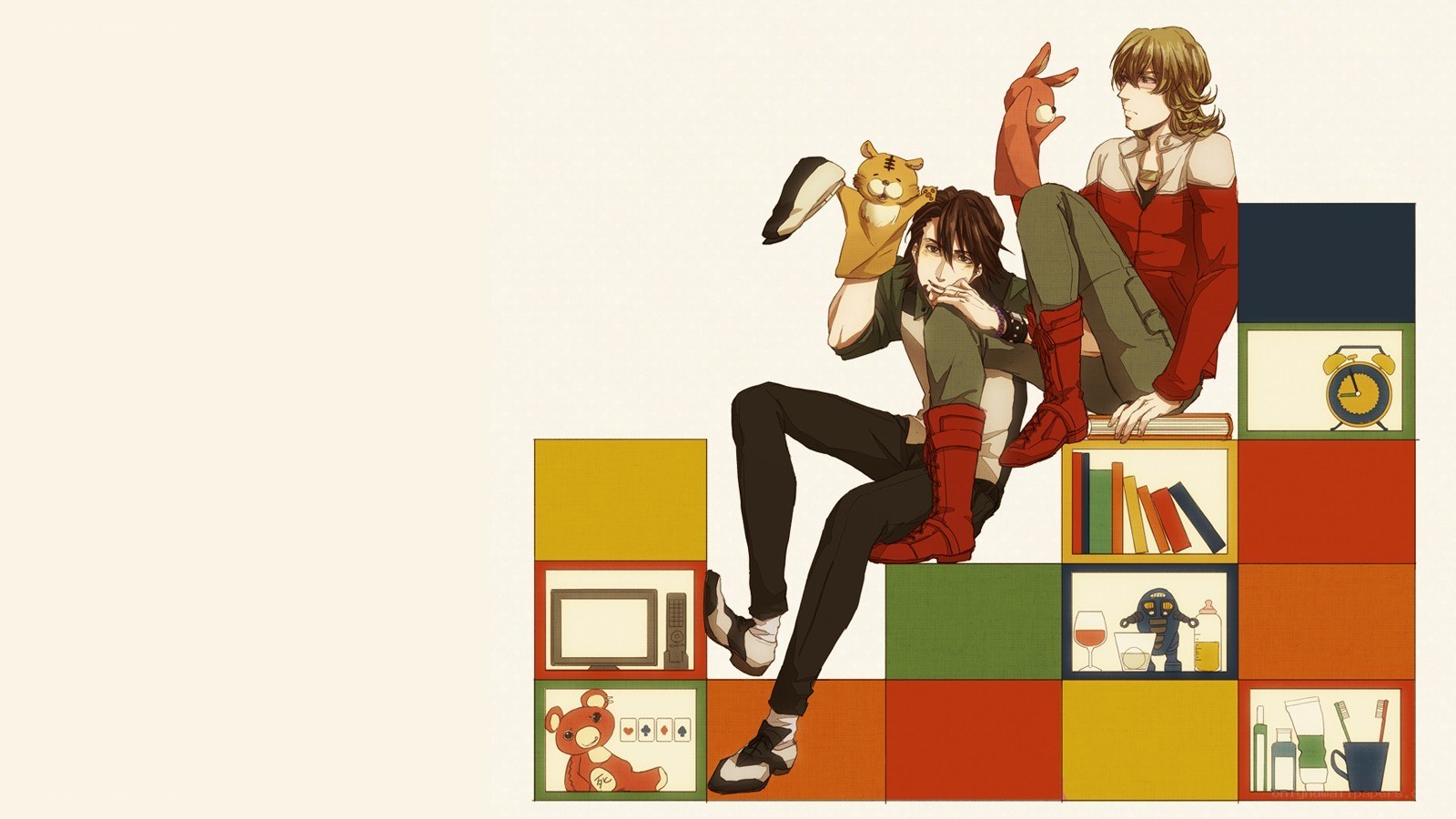 two anime characters on colorful blocks