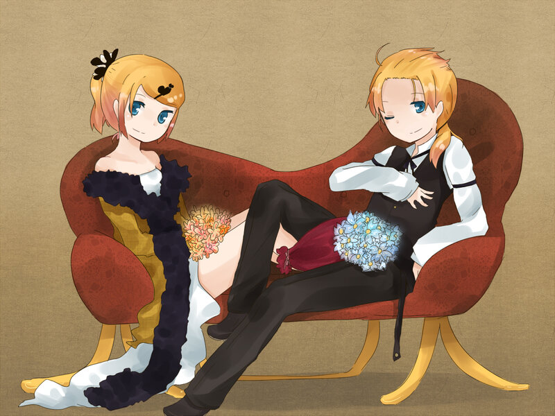 Two Anime Characters on Couch — Red, Calm, Flowers