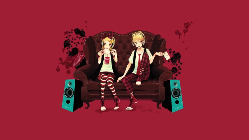 Two Anime Characters on Couch — Red, Calm, Speakers