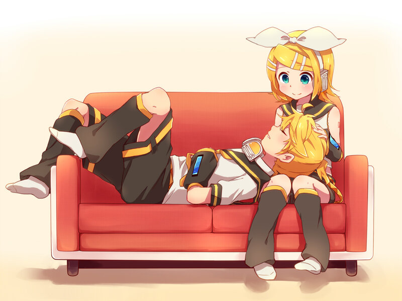 Two Anime Characters on Couch — Red, Relaxed