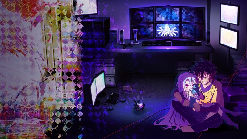 Two Anime Characters on Floor — Purple, Dark, Focused