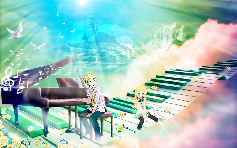 Two Anime Characters on Piano Keys