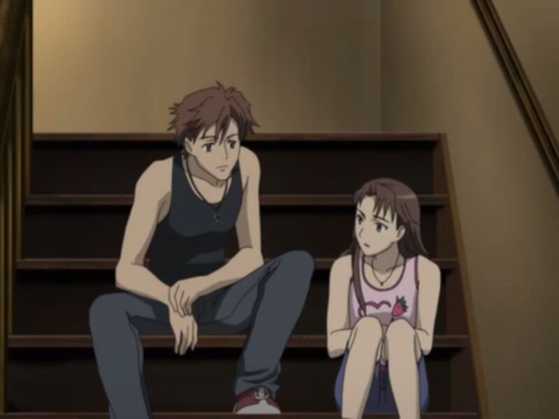 Two Anime Characters on Stairs — Brown