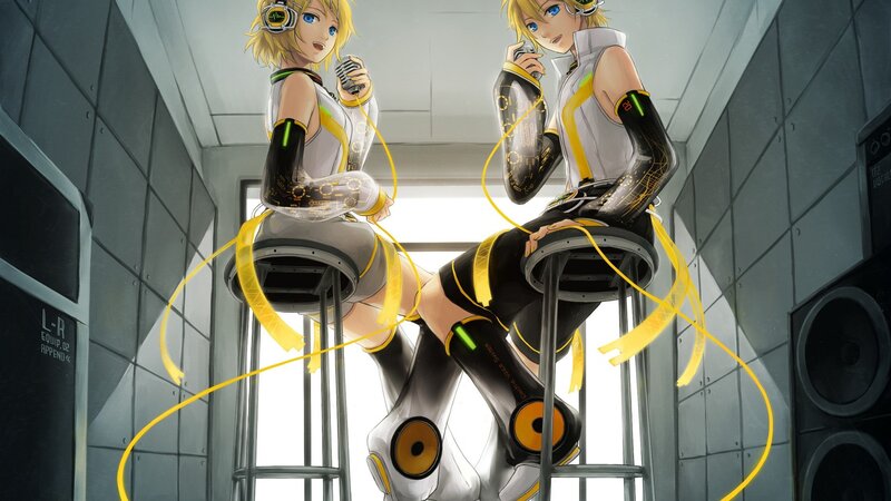 Two anime characters on stools