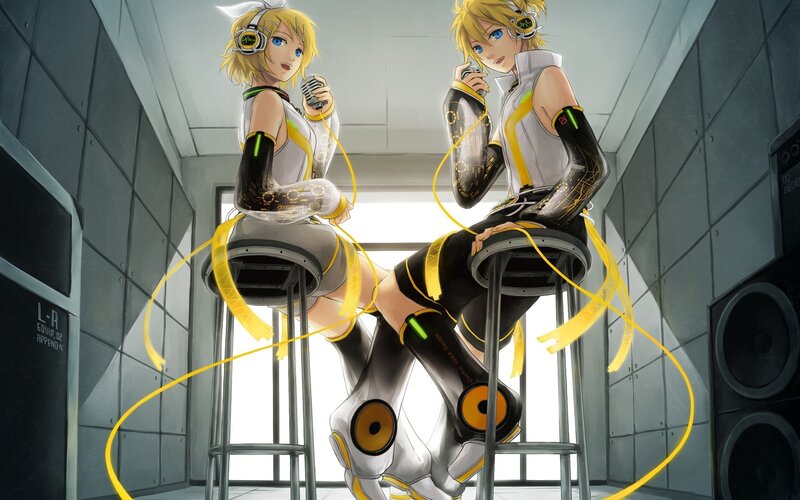 two anime characters on stools