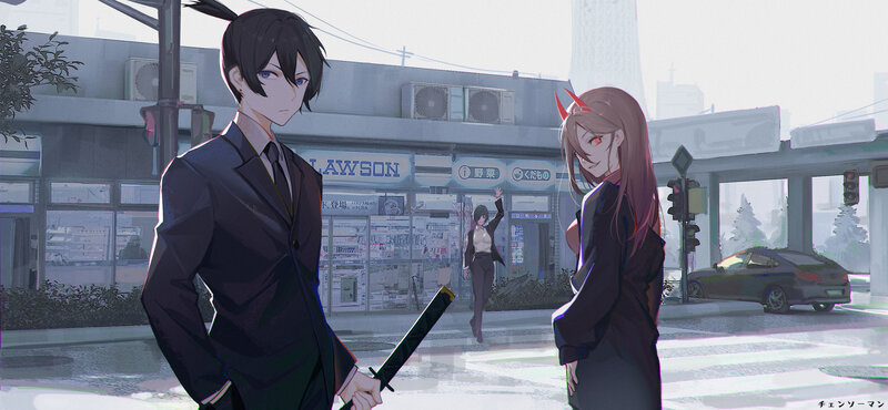 Two Anime Characters on Street — Black, Dramatic, Morning