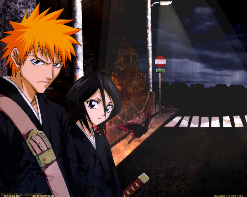 Two Anime Characters on Street — Black, Dramatic, Night, Street Light