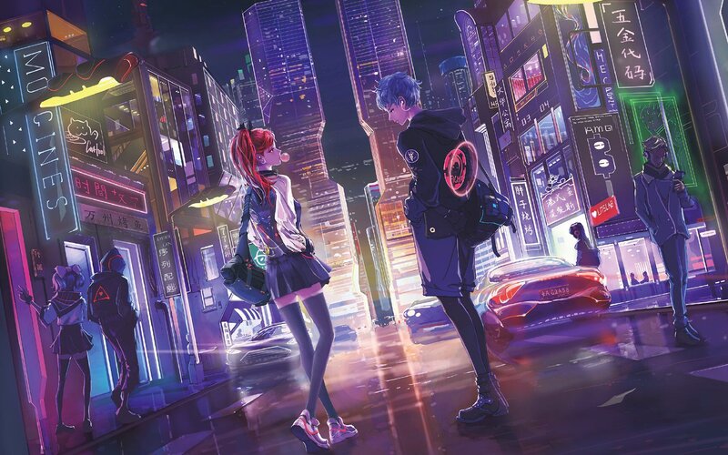 Two Anime Characters on Street — Purple