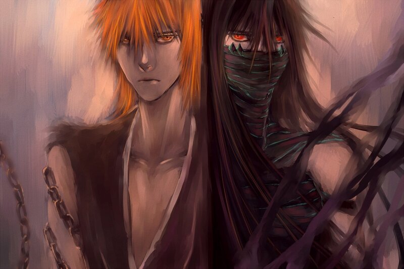Two Anime Characters — Orange, Dramatic, Digital Art, Chains