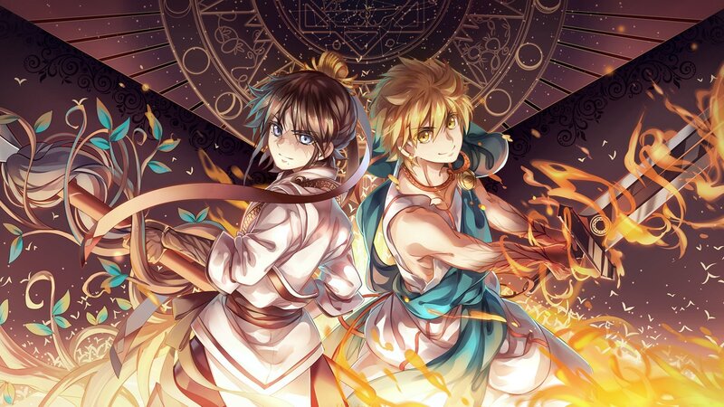 Two Anime Characters — Orange, Dramatic, Fire, Magic Circle