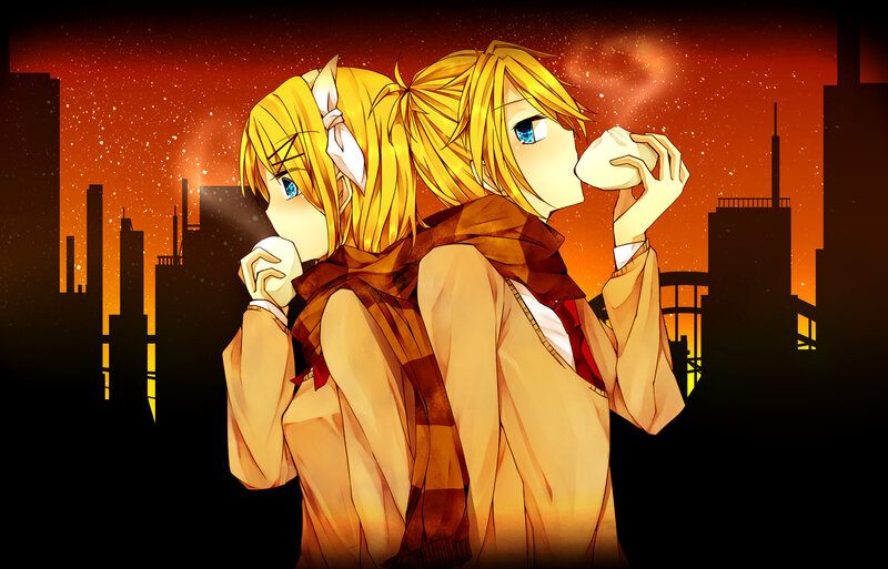Two Anime Characters — Orange, Dramatic, Sunset, City Skyline