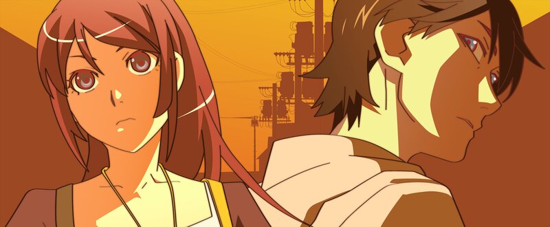 Two Anime Characters — Orange, Dramatic, Sunset, Cityscape