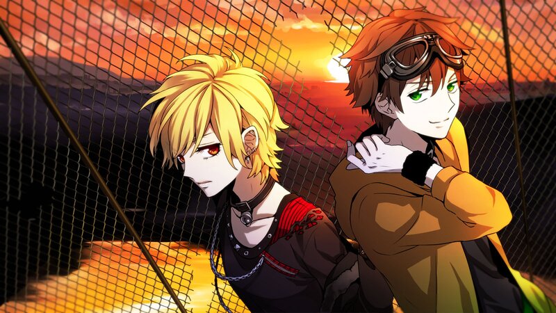Two Anime Characters — Orange, Dramatic, Sunset, Fence, Goggles