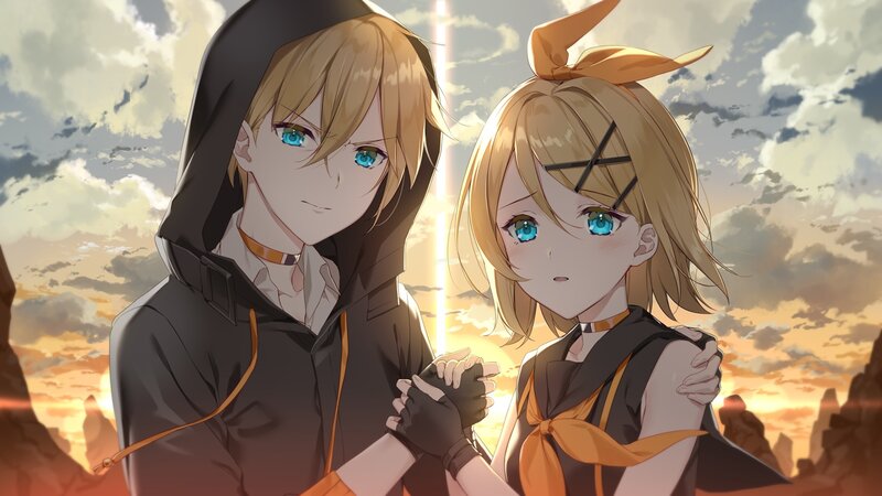 Two Anime Characters — Orange, Dramatic, Sunset, Hoodie
