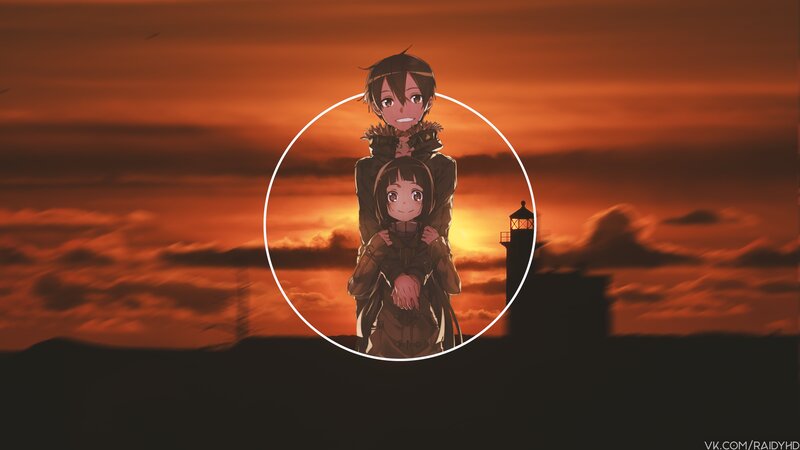 Two Anime Characters — Orange, Dramatic, Sunset, Lighthouse