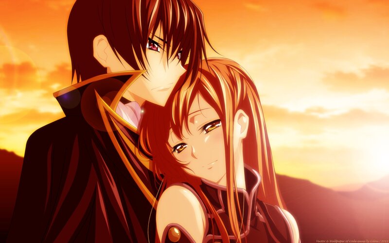 Two Anime Characters — Orange, Dramatic, Sunset, Mountains