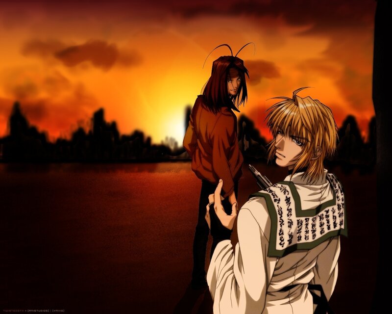 Two Anime Characters — Orange, Dramatic, Sunset, Silhouette