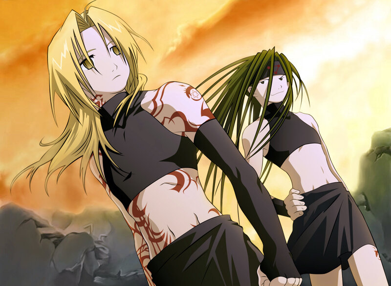 Two Anime Characters — Orange, Dramatic, Sunset, Tattoos