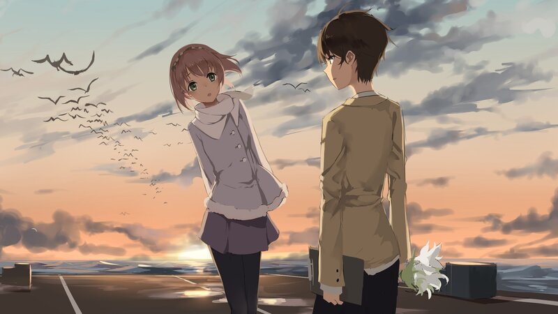 Two Anime Characters — Orange, Serene, Sunset, Birds