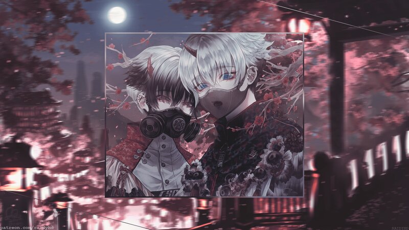 Two Anime Characters — Pink, Dramatic, Night, Digital Art
