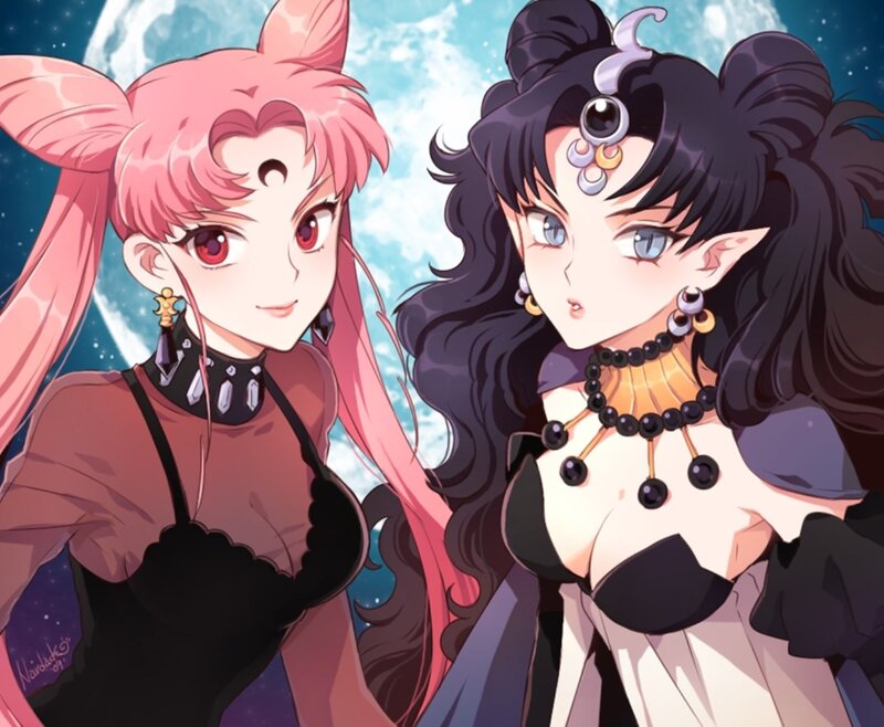 Two Anime Characters — Pink, Dramatic, Night, Moon