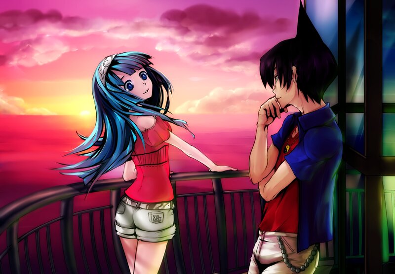 Two Anime Characters — Pink, Dramatic, Sunset, Balcony