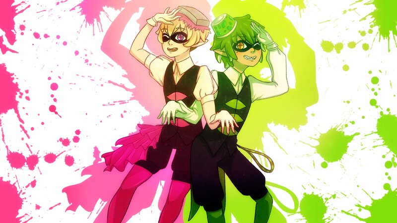 Two Anime Characters — Pink, Playful, Digital Art, Splatters