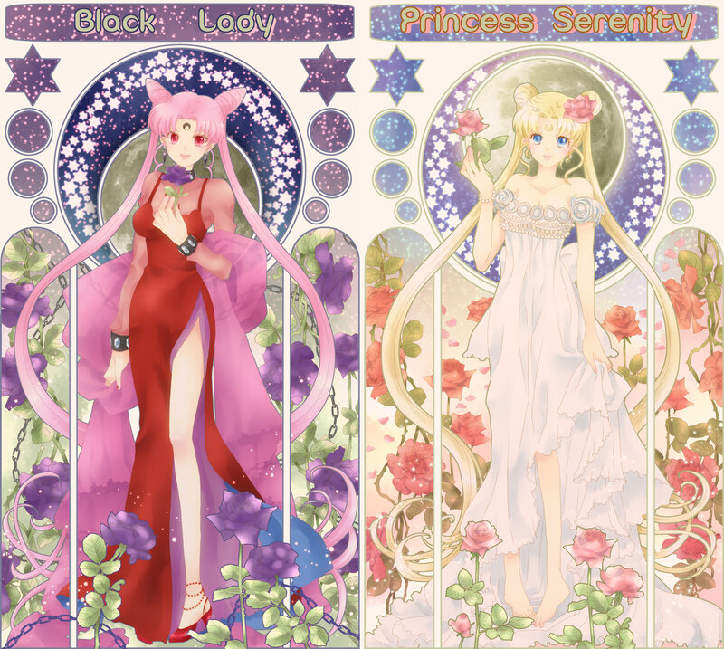 Two Anime Characters — Pink, Serene, Night, Roses