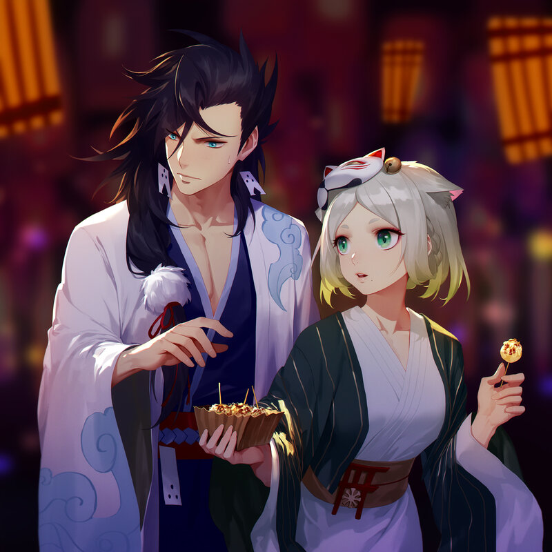 Two Anime Characters — Purple, Calm, Night, Digital Art