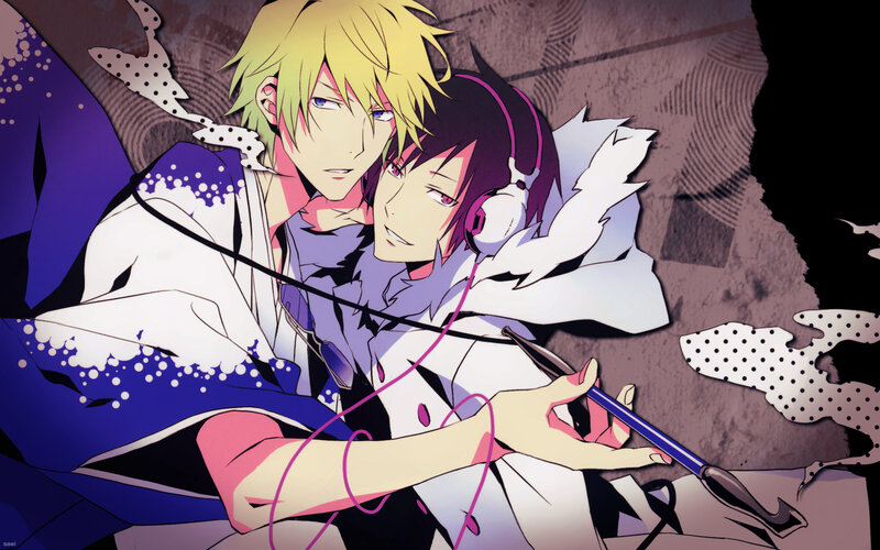 Two Anime Characters — Purple, Dramatic, Headphones, Pen